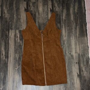 SHEIN Brown Suede Mini Dress with Zip Detail
